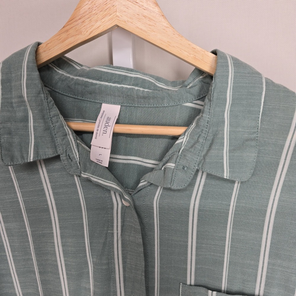 Auden Womens Large Sage Green Striped Button Down Pajama Top Long Sleeve L - Picture 2 of 5